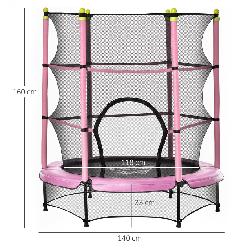 Trampolim para Crianças acima de 3 Anos Cama Elástica Infantil com Rede de Segurança e Estrutura de Aço para Interiores e Exteriores Carga 45kg 140x140x160cm Rosa