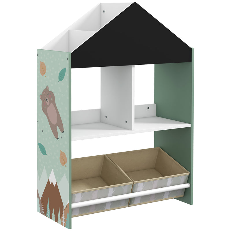 Estante para Brinquedos Organizador Infantil com Prateleiras Abertas e 2 Caixas de Tecido não Tecido Amovíveis para Sala de Jogos Dormitório Escola Infantil 62,4x26,5x90 cm Verde