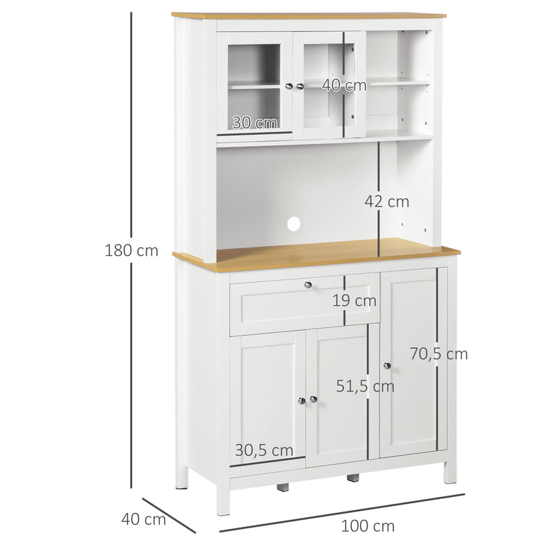 Armário de Cozinha Moderno Móvel Auxiliar de Cozinha com 5 Portas Prateleiras Ajustáveis Gaveta e Bancada para Micro-Ondas 100x40x180 cm Branco e Madeira