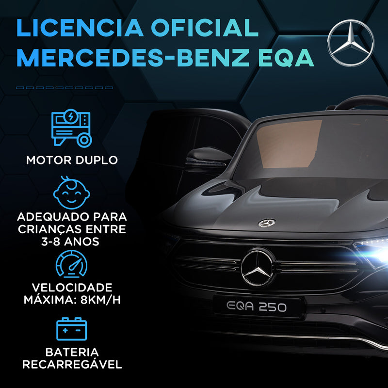 Carro Elétrico para Crianças Mercedes-Benz EQA Carro a Bateria 12V com Controlo Remoto Música Buzina Velocidade 3-8 km/h para Crianças 3-8 Anos 111,5x69x52,5 cm Preto