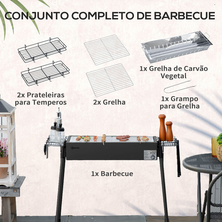 Barbecue a Carvão com 2 Grelhas de Aço Inoxidável Barbecue Portátil com 2 Prateleiras para Temperos com Ganchos para Campismo Jardim 77x30x70 cm Preto