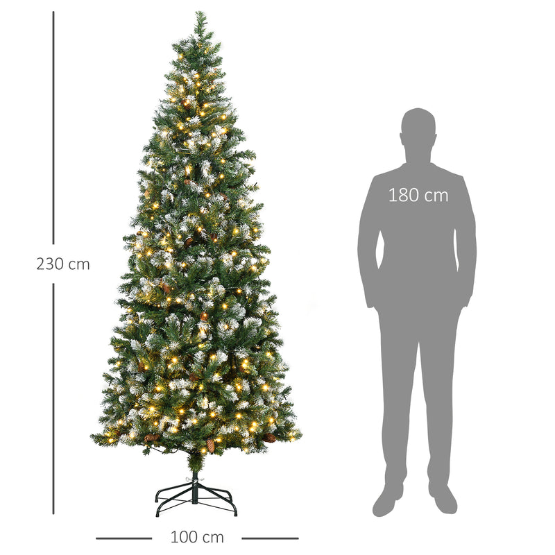 Árvore de Natal Artificial com Luzes LED Altura 230 cm Árvore de Natal Slim com 1051 Ramos 45 Pinhas e Base Dobrável Ø100x230 cm Verde