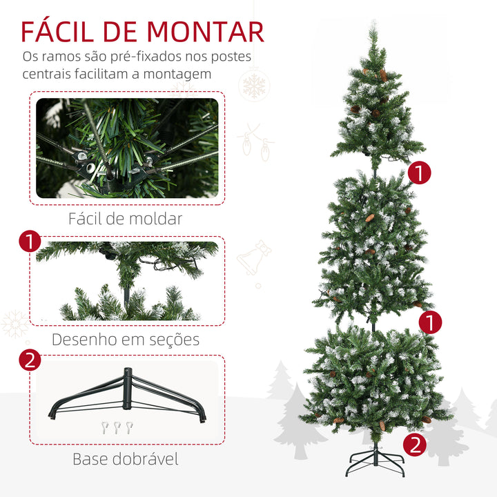 Árvore de Natal Artificial com Luzes LED Altura 230 cm Árvore de Natal Slim com 1051 Ramos 45 Pinhas e Base Dobrável Ø100x230 cm Verde