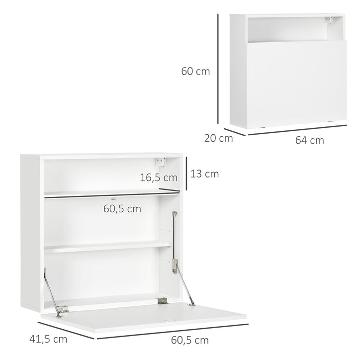 Secretária de Parede Moderna Mesa Dobrável de Parede Multifuncional com Prateleiras de Armazenamento Carga 40 kg para Dormitório Sala de Estar Escritório 64x20x60 cm Branco