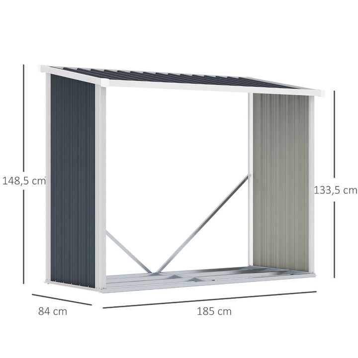 Abrigo para Lenha de Aço Galvanizado Abrigo de Armazenamento de Lenhas com Teto Inclinado para Jardim Terraço Exterior 185x84x133,5/148,5 cm Cinza