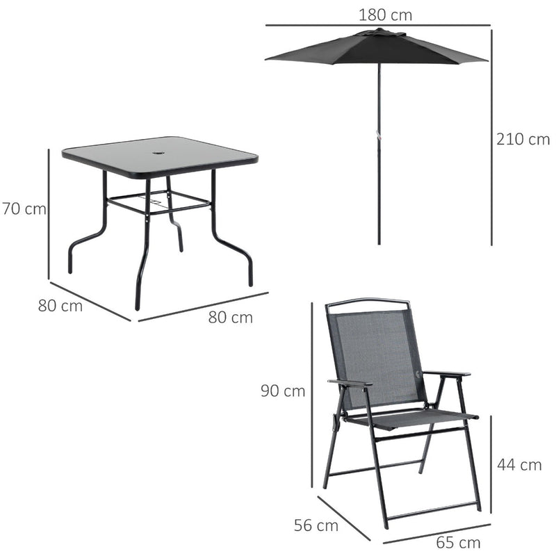 Conjunto de Móveis de Jardim com 4 Cadeiras Dobráveis Mesa de Jardim de Vidro e Chapéu de Sol Inclinável Proteção Solar para Pátio Terraço Exterior 80x80x70cm Preto