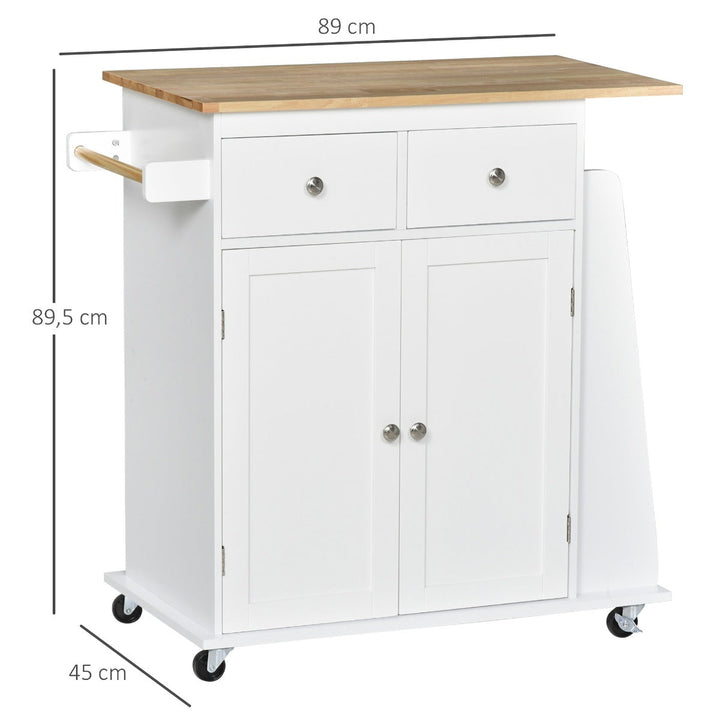 Carrinho de Cozinha Auxiliar com Rodas Carrinho de Cozinha com 2 Gavetas Armário de Armazenamento Prateleira Interior Ajustável 3 Suportes para Temperos e Barra de Pendurar 89x45x89,5cm Branco