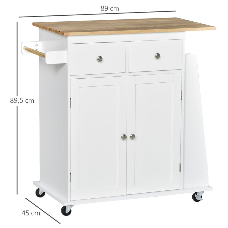 Carrinho de Cozinha Auxiliar com Rodas Carrinho de Cozinha com 2 Gavetas Armário de Armazenamento Prateleira Interior Ajustável 3 Suportes para Temperos e Barra de Pendurar 89x45x89,5cm Branco