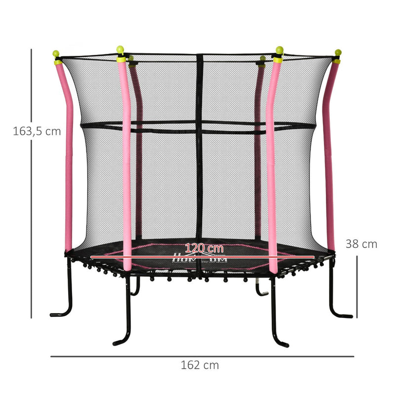 Trampolim para Crianças acima de 3 Anos Cama Elástica Infantil com Rede de Segurança e Estrutura de Aço para Interiores e Exteriores Carga 60kg Ø161x163 cm Rosa