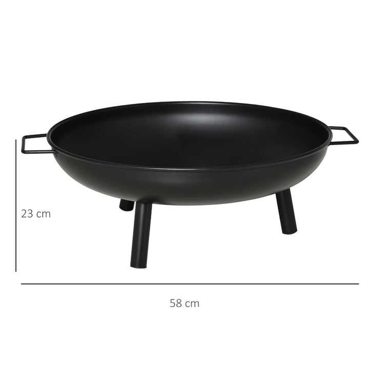 Braseiro Exterior Ø58x23 cm Braseiro Redondo com Alças de Transporte 3 Pés e Estrutura de Metal para Fogueira Lenhas Terraço Jardim ao Ar Livre Preto