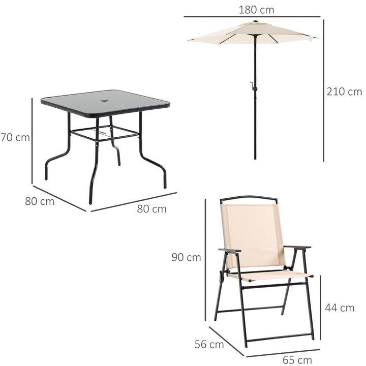 Conjunto de Móveis de Jardim com 4 Cadeiras Dobráveis Mesa de Jardim de Vidro e Chapéu de Sol Inclinável Proteção Solar para Pátio Terraço Exterior 80x80x70cm Bege