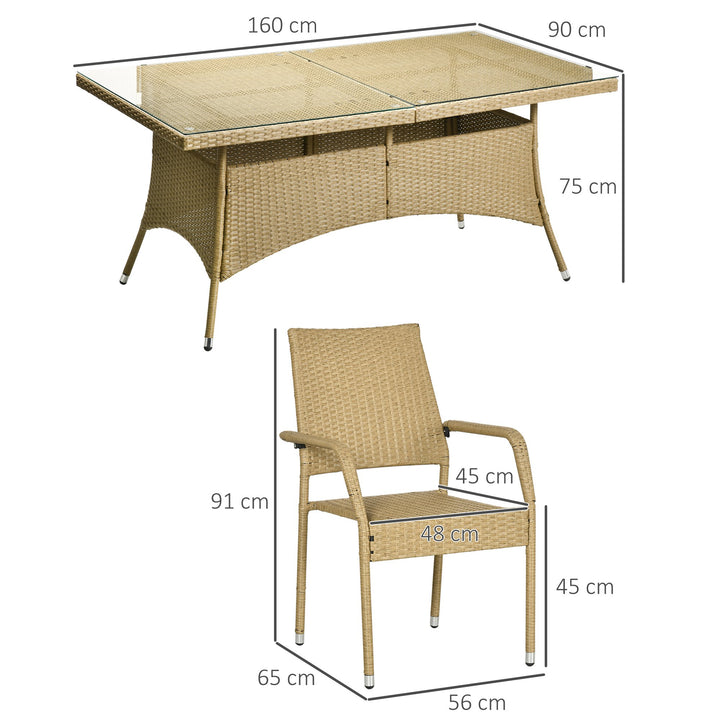 Conjunto de Móveis de Vime PE Conjunto de Refeição 7 Peças Mesa com Tampa de Vidro e 6 Cadeiras Empilháveis com Almofadas para Varanda Pátio Areia e Bege