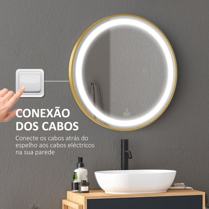 Espelho Casa de Banho com Luz LED Ø60x4cm Espelho Redondo com Interruptor Tátil 3 Luzes Ajustáveis Visualização de Temperatura e Hora Função de Memória Estrutura de Alumínio Dourado