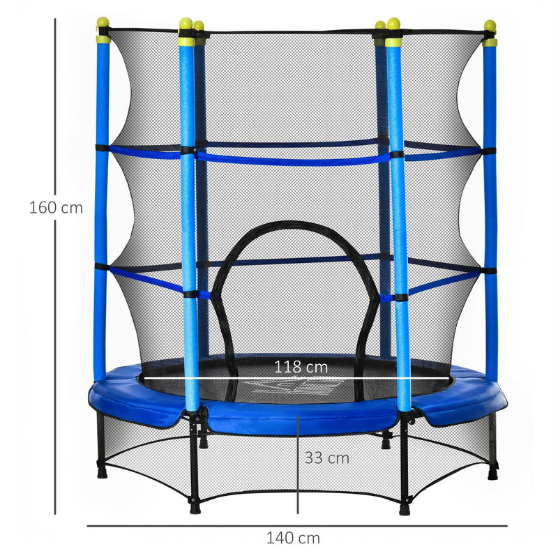 Trampolim para Crianças acima de 3 Anos Cama Elástica Infantil com Rede de Segurança e Estrutura de Aço para Interiores e Exteriores Carga 45kg 140x140x160cm Azul