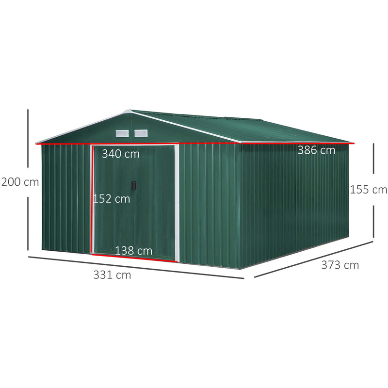 Abrigo de Jardim Metálico 340x386x200cm Abrigo de Exterior para Armazenamento de Ferramentas com Base Incluida 4 Janelas de Ventilação e Porta Corredeira Verde