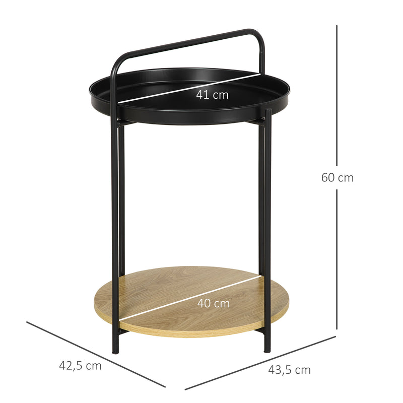 Mesa Auxiliar Moderna com Prateleira de Madeira e Bandeja Removível Alça Portátil 43,5x42,5x60cm Preto e Madeira