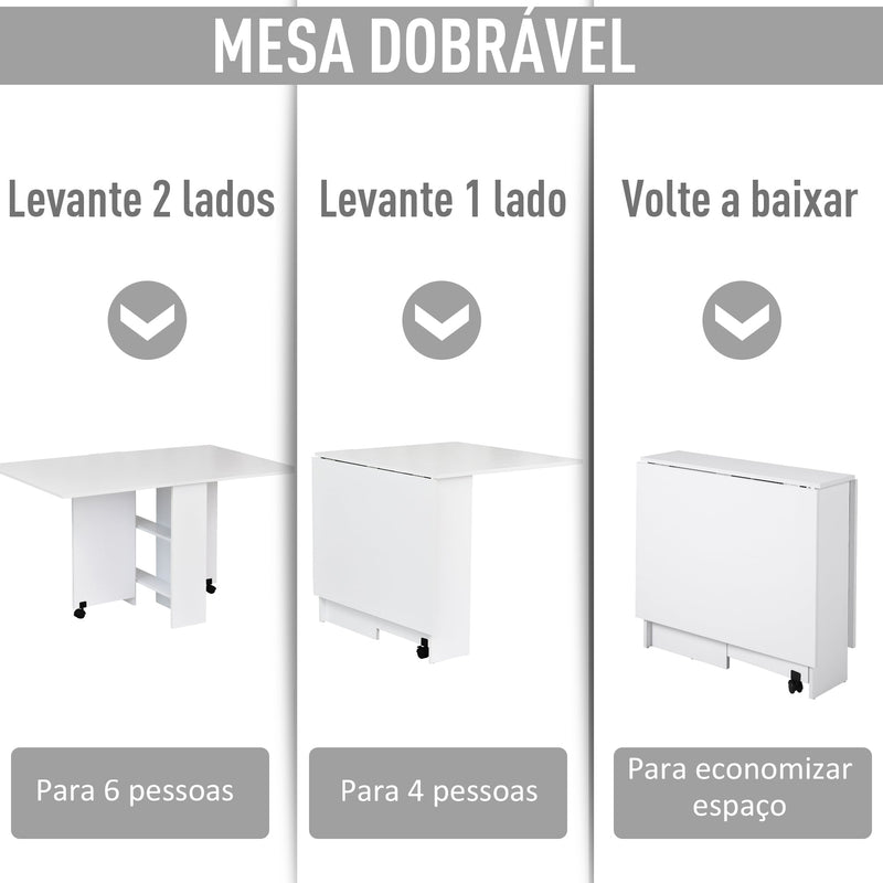 Mesa de cozinha Dobrável de Madeira com Rodinhas 140 x 80 x 74 cm Branca