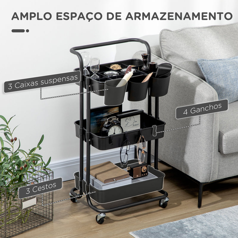 Carrinho de Cozinha de Aço Carrinho de Armazenamento com 4 Ganchos 3 Cestas Removíveis 3 Caixas Suspensas e Travões para Casa de Banho Sala de Estar Dormitório 42x38x86,5cm Preto