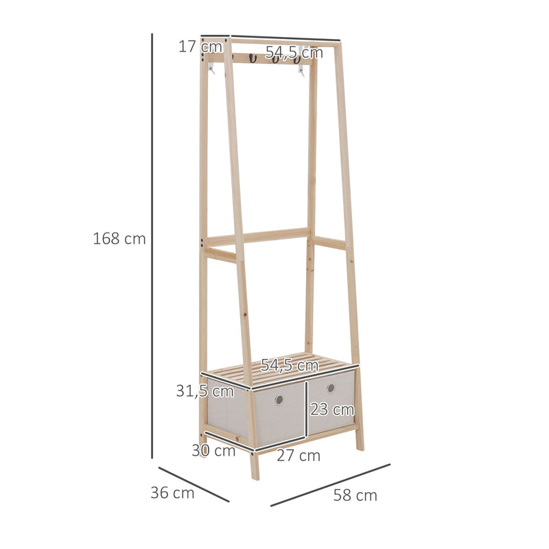 Cabide Sapateiro de Madeira 2 Prateleiras Cabide com 2 Gavetas de Tecido 4 Ganchos e Barra para Pendurar Roupa Bolsas para Entrada Sala de Estar 58x36x168cm Natural