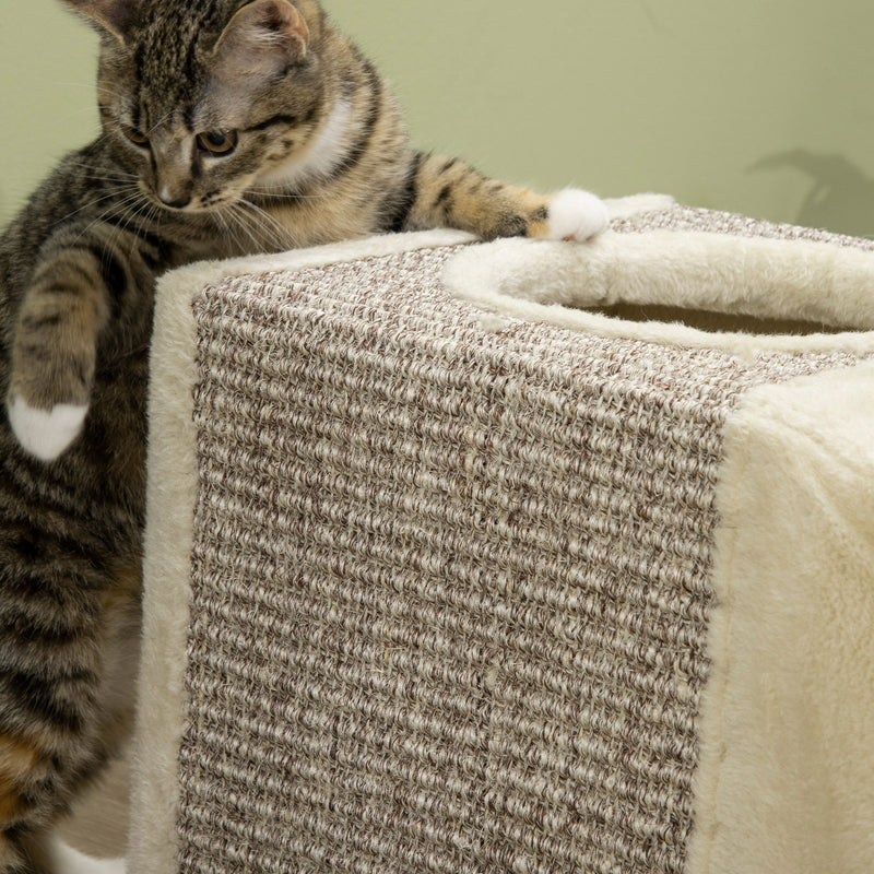 Túnel para Gatos com Bola Supensa Túnel para Gatos Dobrável com Múltiplas Entradas Caverna de Sisal 98x30x30 cm Creme e Cinza