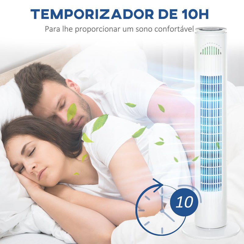 Ventoinha de Torre com Controlo Remoto ou Controlo Manual Temporizador de até 10h Oscilação 70° 3 Velocidades e 3 Modos 45W Ø22x77 cm Branco