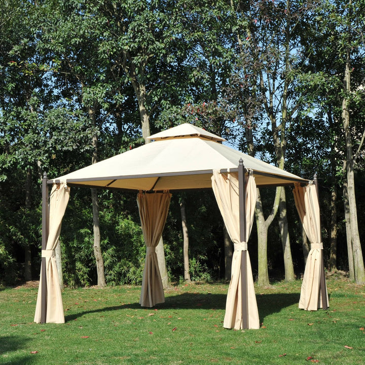 Pérgola de jardim 3x3m com telhado duplo 4 cortinas laterais Espaçoso para eventos bege