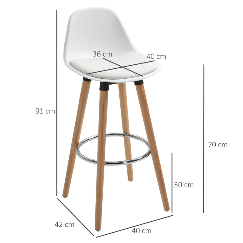 Conjunto de 2 Bancos de Bar Estofado em PU Bancos Altos de Cozinha com Assento de 70cm e Pés de Madeira para Cozinha Sala de Jantar 40x42x91cm Branco