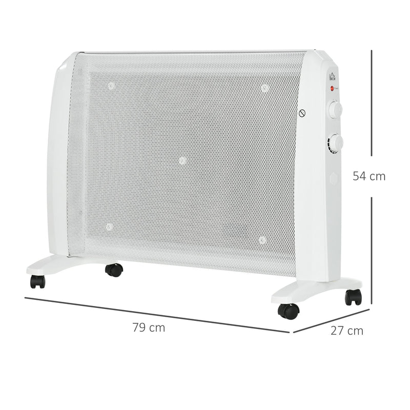 Aquecedor Elétrico 1000W/2000W Aquecedor de Mica com 2 Níveis de Potência Termostato Regulável e 4 Rodas para Ambientes de 15-20 m² Silencioso 79x27x54 cm Branco