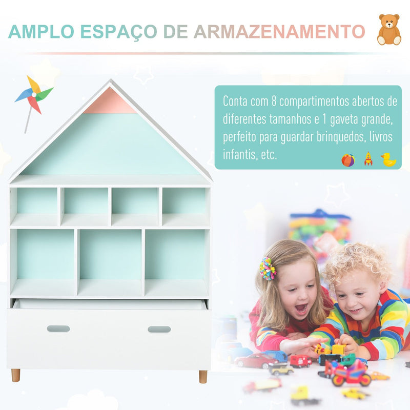 Estante de Madeira Infantil em Forma de Casa Estante para Crianças com 8 Compartimentos Abertos e Gaveta de 2 Cores 82x30x126cm Branco