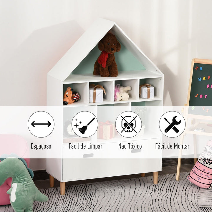 Estante de Madeira Infantil em Forma de Casa Estante para Crianças com 8 Compartimentos Abertos e Gaveta de 2 Cores 82x30x126cm Branco