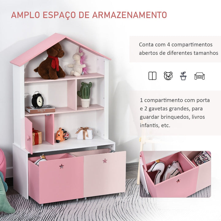 Estante de Madeira Infantil Estante de Livros para Crianças com 4 Compartimentos 1 Porta e 2 Gavetas Removíveis com Rodas para Livros Brinquedos 80x34x130cm Rosa e Branco