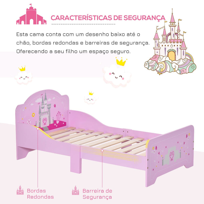 Cama Infantil acima de 3 Anos Cama para Crianças de Madeira com Barreira de Proteção Carga Máx. 50kg 143x73x60cm Rosa