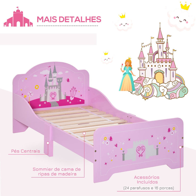 Cama Infantil acima de 3 Anos Cama para Crianças de Madeira com Barreira de Proteção Carga Máx. 50kg 143x73x60cm Rosa