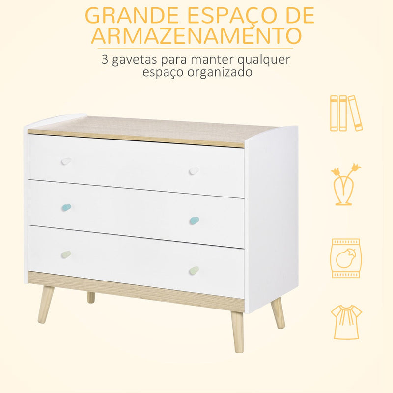 Cómoda Infantil com 3 Gavetas Pés de Madeira amplo espaço de Armazenamento para Brinquedos Roupa Livros 90x40x75,2cm Branco