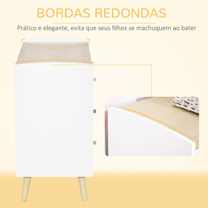 Cómoda Infantil com 3 Gavetas Pés de Madeira amplo espaço de Armazenamento para Brinquedos Roupa Livros 90x40x75,2cm Branco