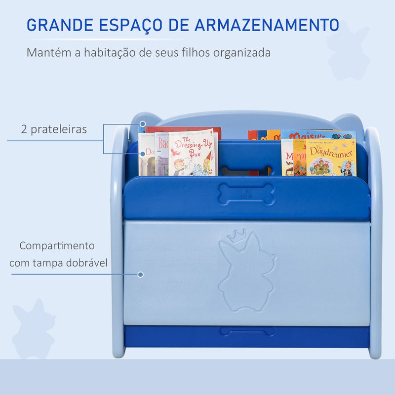 Estante Infantil de Brinquedos e Livros para Crianças com 2 Prateleiras e Caixa de Armazenamento com Tampa Dobrável para Habitação Infantil 70x33x62,5cm Azul