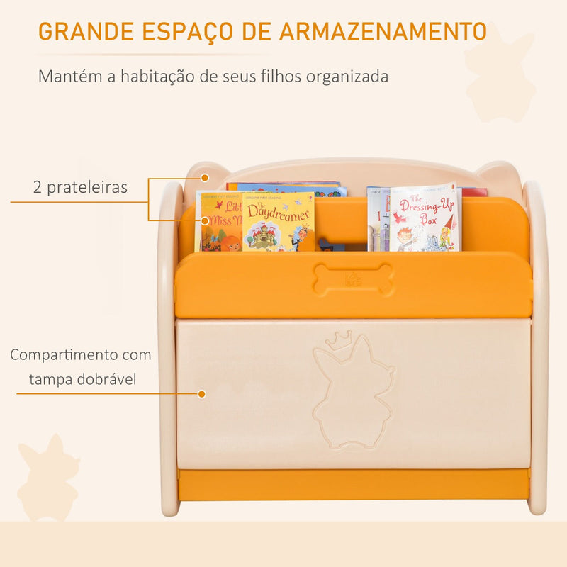 Estante Infantil de Brinquedos e Livros para Crianças com 2 Prateleiras e Caixa de Armazenamento com Tampa Dobrável para Habitação Infantil 70x33x62,5cm Amarelo