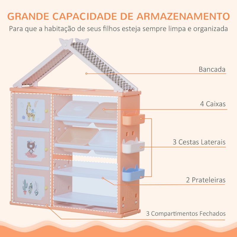 Estante Infantil de Brinquedos com Armário Prateleiras 4 Caixas e 3 Cestas Organizadoras de Armazenamento para Habitação de Crianças Sala de Jogos 128x34x155cm Laranja