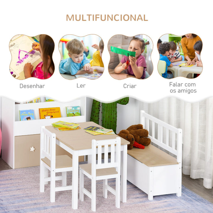 Conjunto Infantil de Mesa 2 Cadeiras e Banco com Armazenamento Móveis Infantil para Sala de Jogos Dormitório Branco e Natural