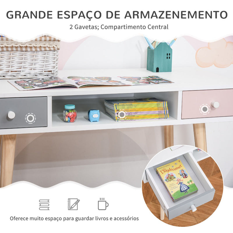 Móvel Aparador Secretária Infantil com 1 Compartimento Aberto e 2 Gavetas Estilo Nórdico para Dormitório Entrada 100x48x76,5cm Multicolor