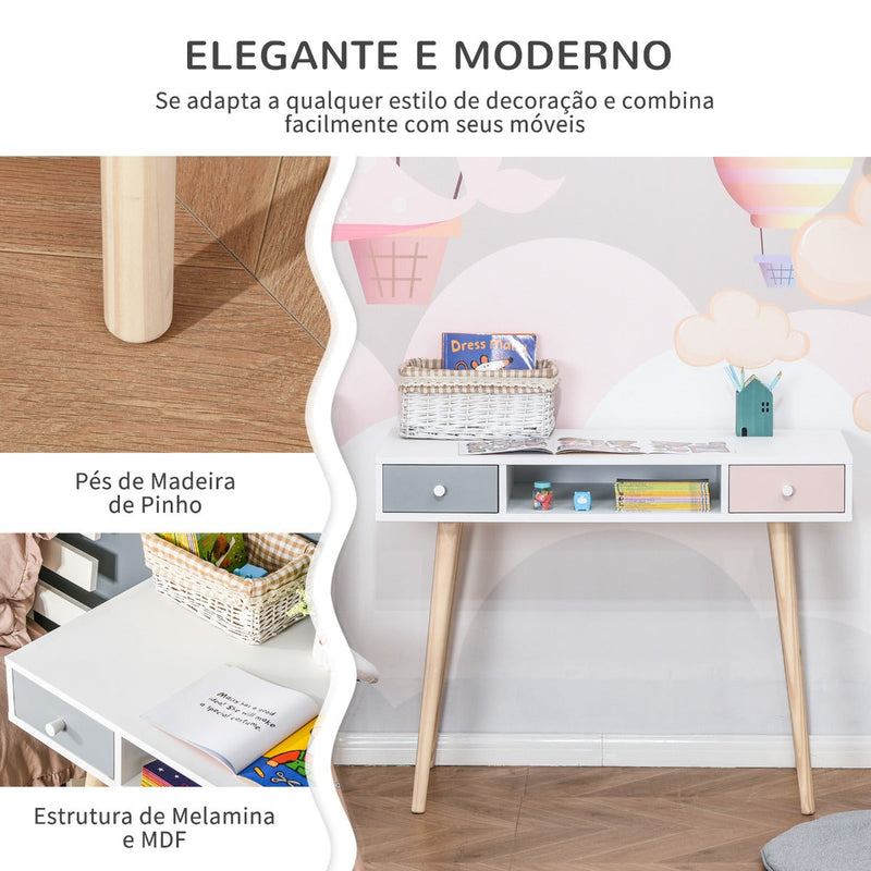 Móvel Aparador Secretária Infantil com 1 Compartimento Aberto e 2 Gavetas Estilo Nórdico para Dormitório Entrada 100x48x76,5cm Multicolor