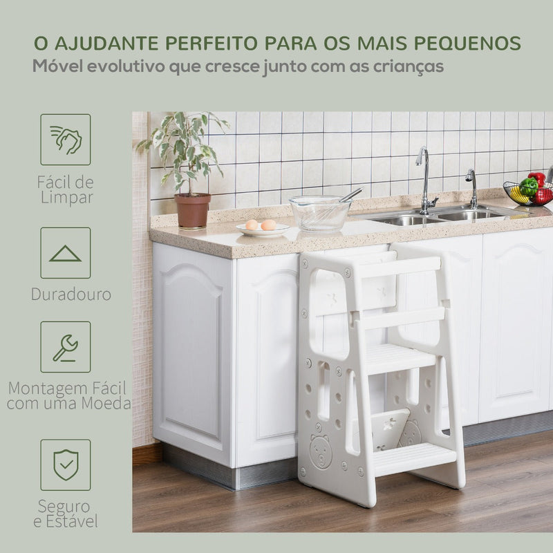 Torre de Aprendizagem para Crianças com Altura Ajustável em 3 Posições e Plataforma Antiderrapante para Cozinha Sala de Jantar Casa de Banho 47x47x90cm Branco