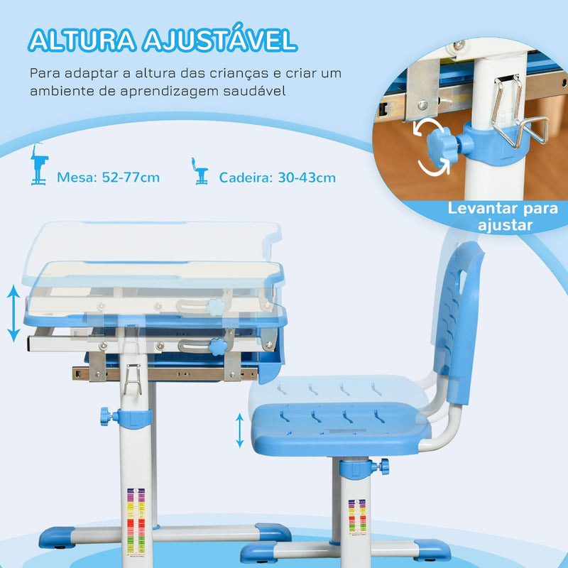 Secretária Infantil 2 em 1 Conjunto de Secretária e Cadeira para Crianças acima de 6 Anos com Altura Ajustável Mesa com Ângulos Regulável e Bandeja Deslizante 66x47x77cm Azul