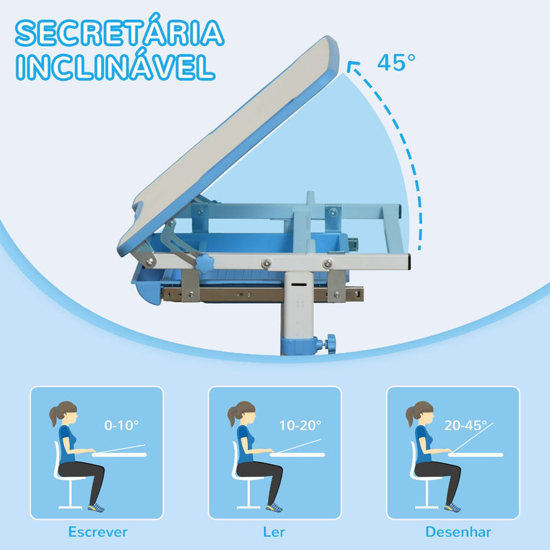 Secretária Infantil 2 em 1 Conjunto de Secretária e Cadeira para Crianças acima de 6 Anos com Altura Ajustável Mesa com Ângulos Regulável e Bandeja Deslizante 66x47x77cm Azul