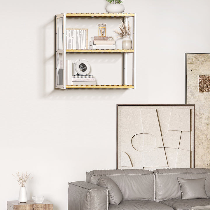 Estante de Parede de Bambu Prateleiras de Parede de 3 Níveis Estante Suspensa para Sala de Estar Dormitório Cozinha Casa de Banho 60x15x54cm Madeira e Branco