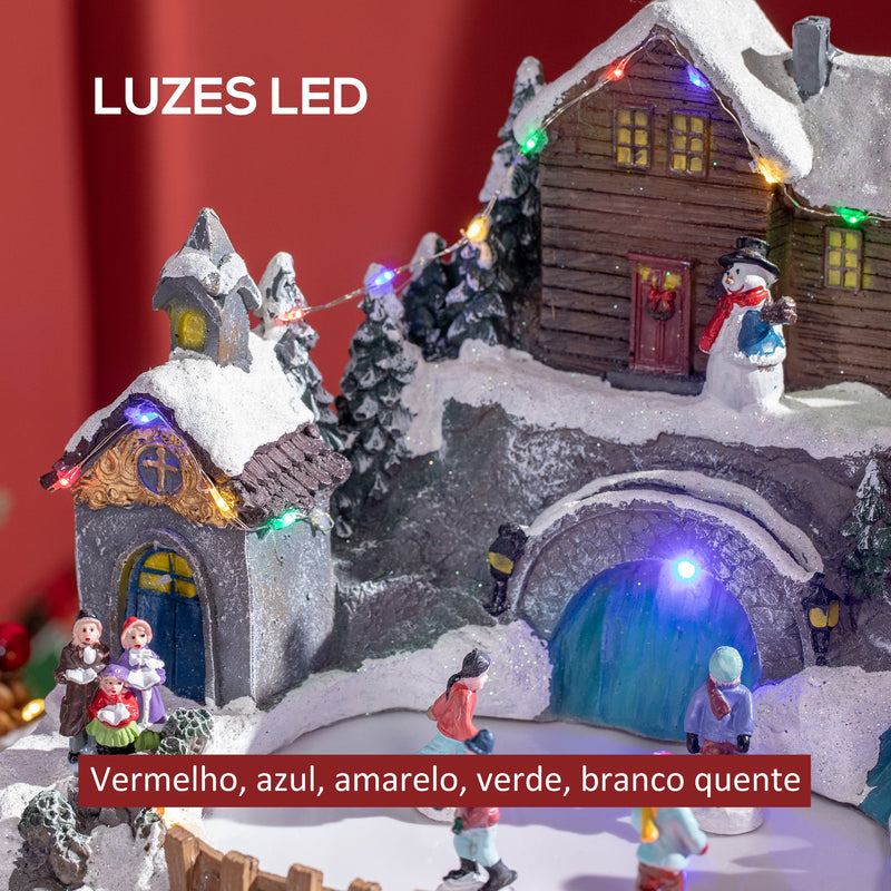 Aldeia de Natal Cena Decorativa de Natal Iluminada com Luzes LED Árvore Giratória e Pista de Patinagem Decoração de Natal de Mesa 32x25,5x24cm Multicor