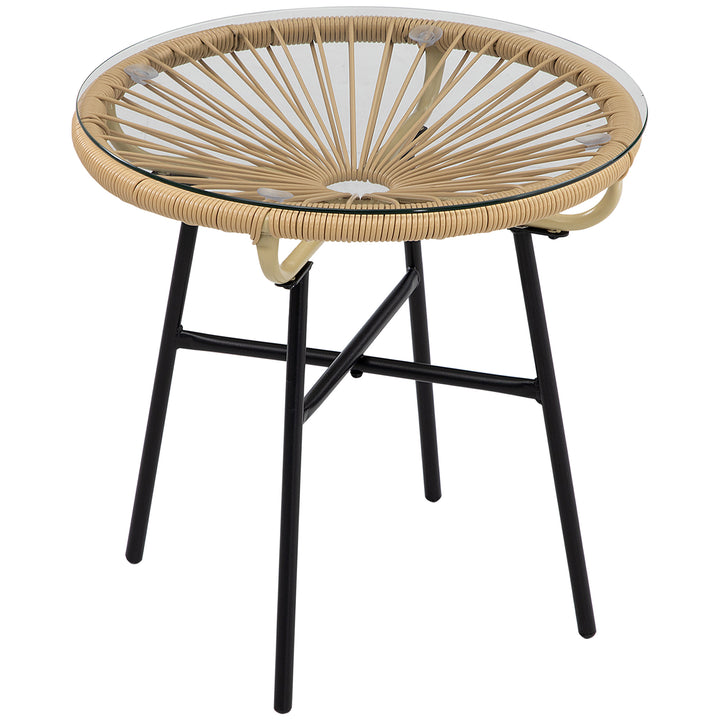 Mesa Auxiliar de Vime Sintético Mesa de Centro Redonda para Exteriores com Bancada de Vidro Temperado e Pés de Metal para Pátio Jardim Varanda Ø50x50 cm Bege e Preto