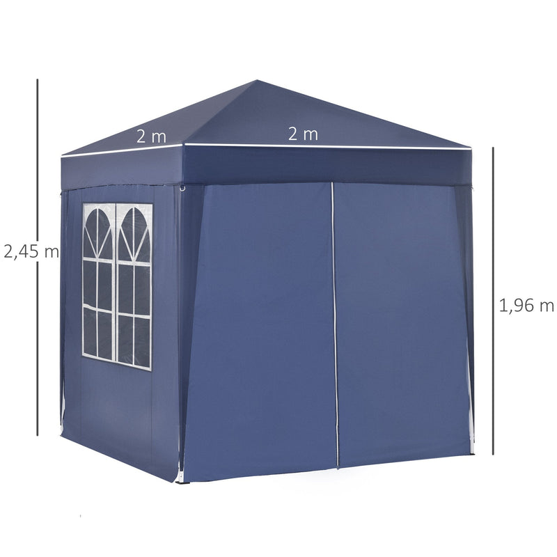 Tenda Dobrável 2x2 Tenda de Jardim com 4 Paredes Laterais Tecido Oxford 2 Portas 2 Janelas e Bolsa de Transporte para Exterior Terraço Campismo Festas Azul