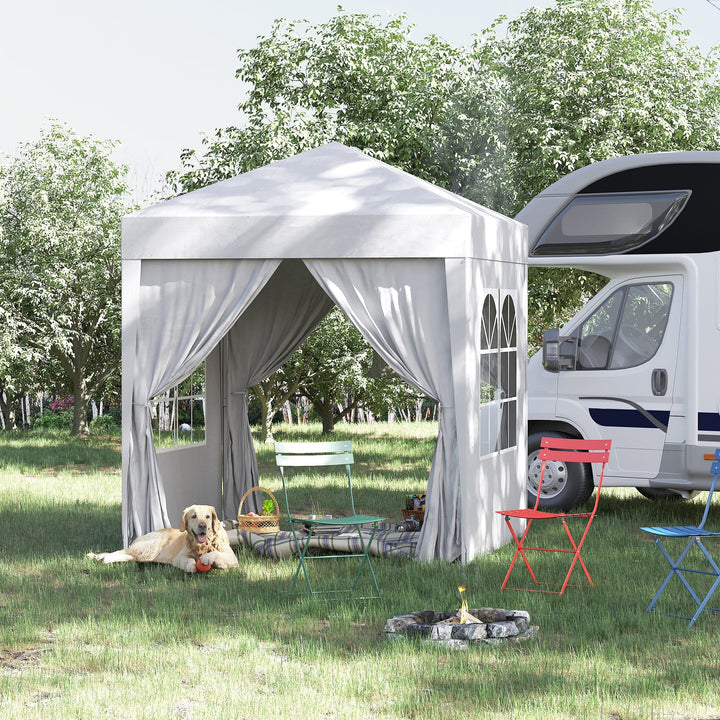 Tenda Dobrável 2x2 Tenda de Jardim com 4 Paredes Laterais Tecido Oxford 2 Portas 2 Janelas e Bolsa de Transporte para Exterior Terraço Campismo Festas Branco