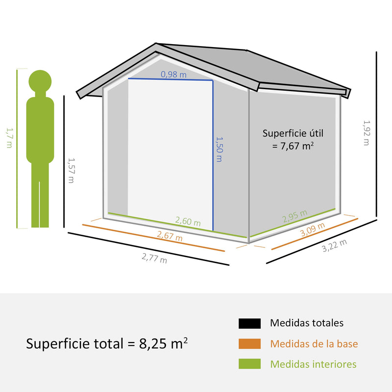 Abrigo de Jardim Exterior Abrigo e Jardim Metálico para Armazenamento de Ferramentas com Base Incluída e 4 Janelas 322x277x192cm Cinza Escuro